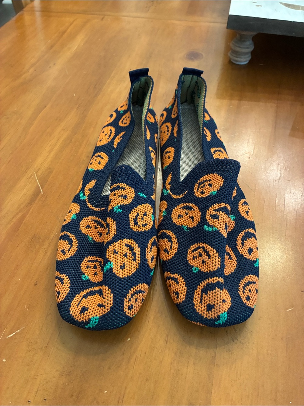 Unlisted Navy Blue Knit Flats with Orange Pumpkin Motif